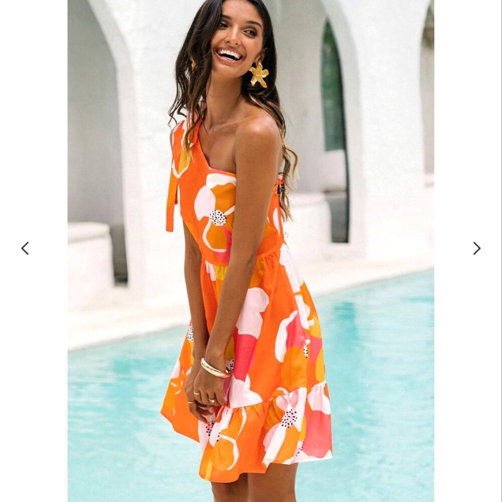 NWOT Cupshe Print Bow One Shoulder Dress Size XS - Picture 3 of 7